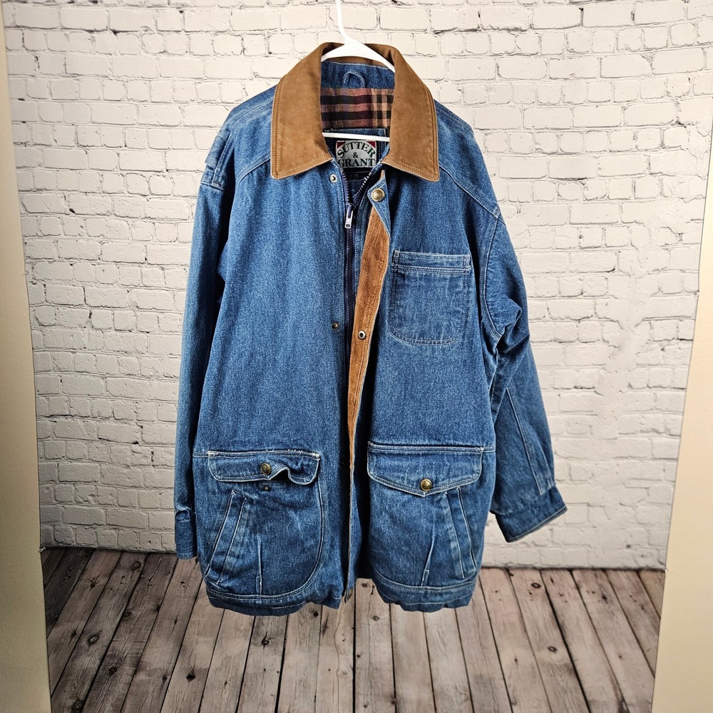 Sutter & Grant Mens XL Denim Field Jacket Leather Collar Plaid Lined Blue Coat